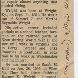 Newspaper obituary for John Wesley Wright
