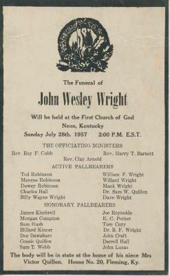 Announcement for funeral of John Wesley Wright. Neon, KY, 1957.