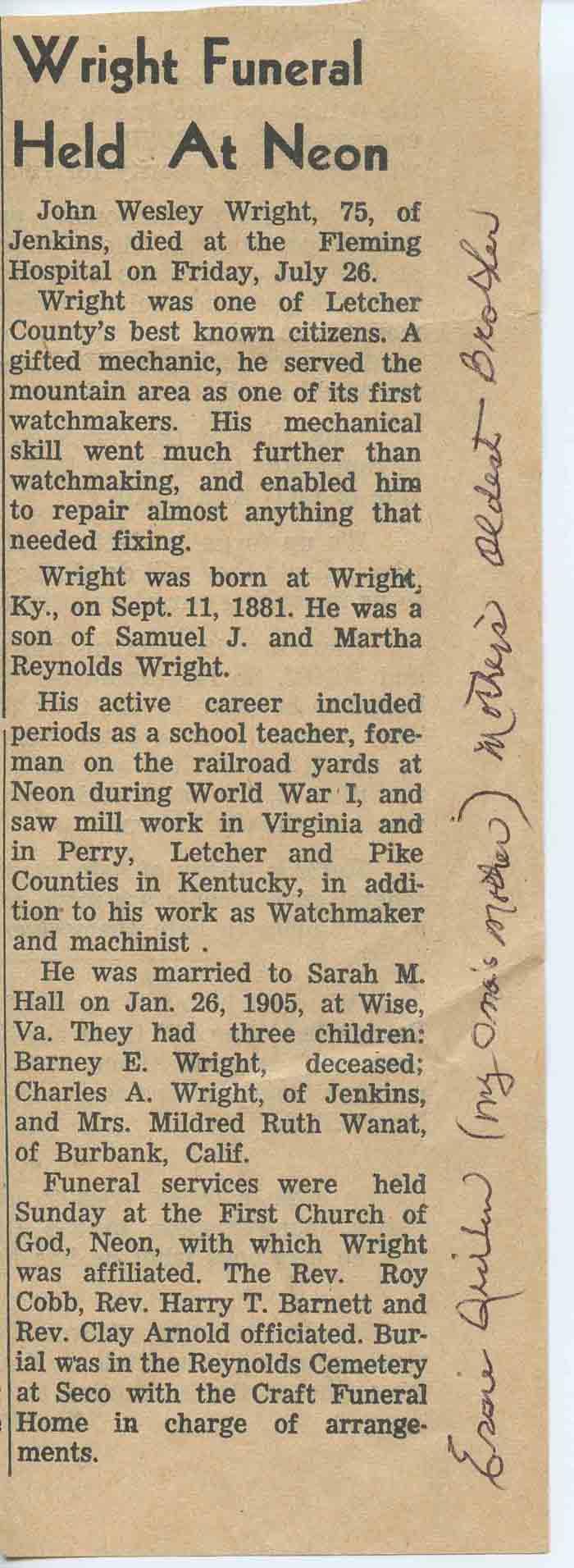 Newspaper obituary for John Wesley Wright