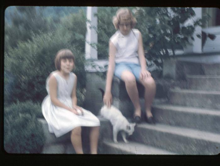 Two girls with a cat sitting on the front steps of a house
