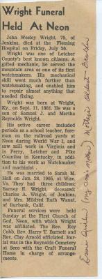 Newspaper obituary for John Wesley Wright
