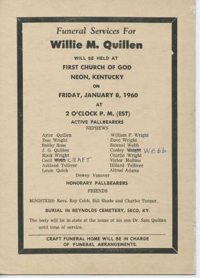 Announcement for funeral of Willie M. Quillen, 1960
