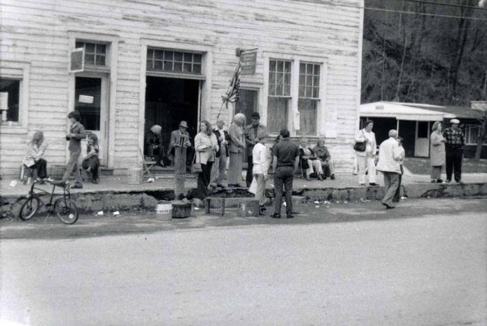 People gathered outside building