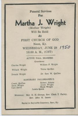Martha J. Wright funeral announcement