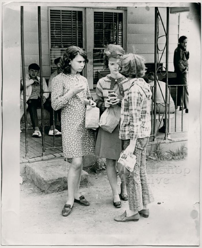 Production still of three young women, exterior - The Struggle of Coon Branch Mountain