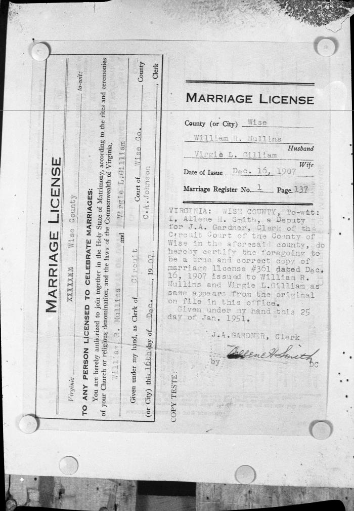 William R. Mullins and Virgie Gilliam marriage certificate
