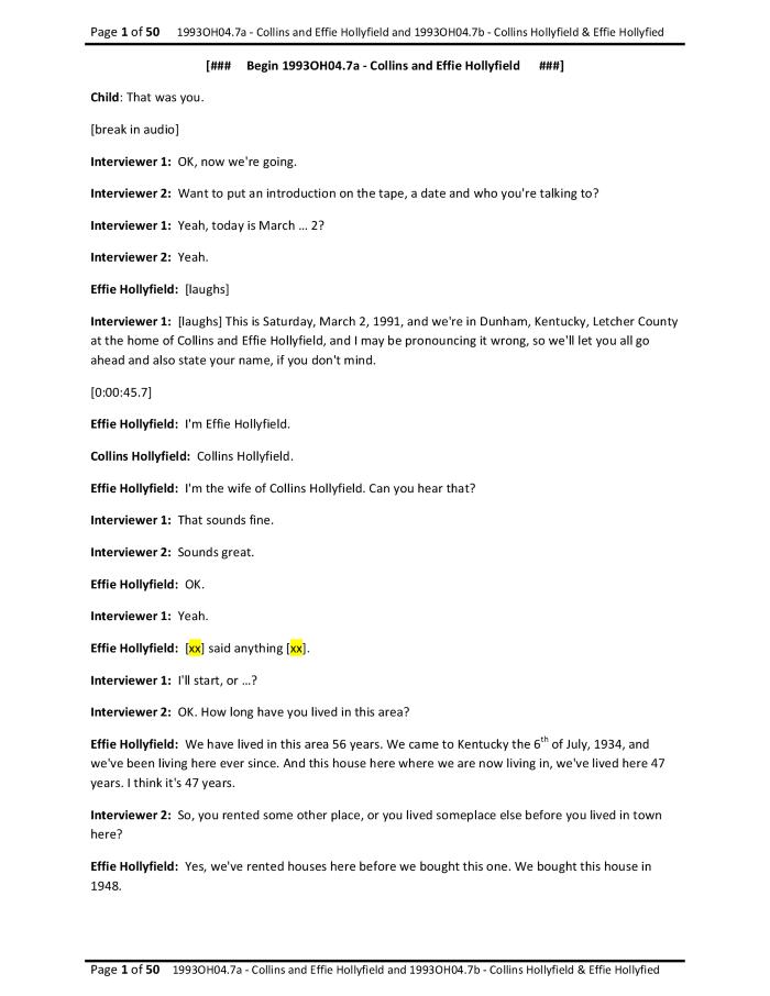 Interview with Collins and Effie Hollyfield (transcript)