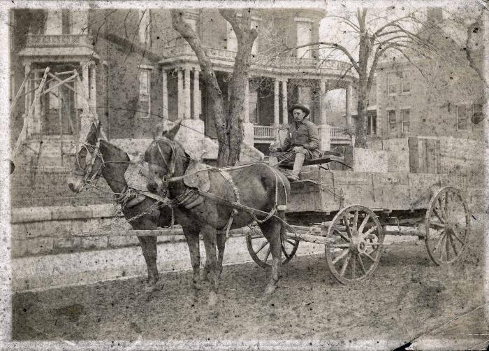 Man driving horse-drawn cart down main street