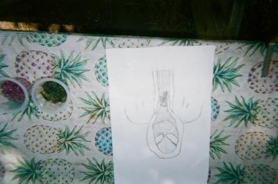 Drawing of Spiderman on pineapple tablecloth