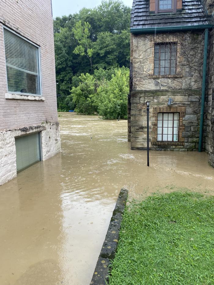 Flooded Presbyterian Church and river view 