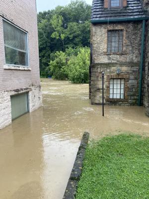 Flooded Presbyterian Church and river view 