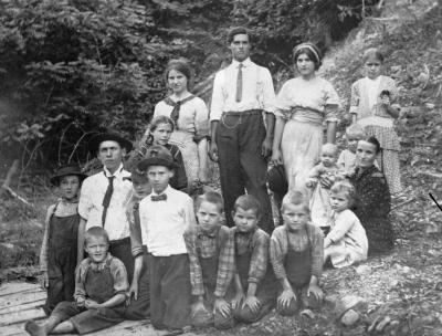 Group portrait of children on hillside