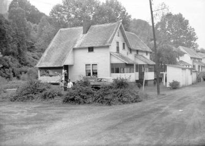 Two people standing behind row of bushes in yard, talking