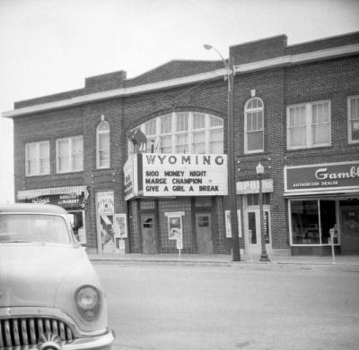 Exterior of Wyoming Theater advertising film Give a Girl a Break