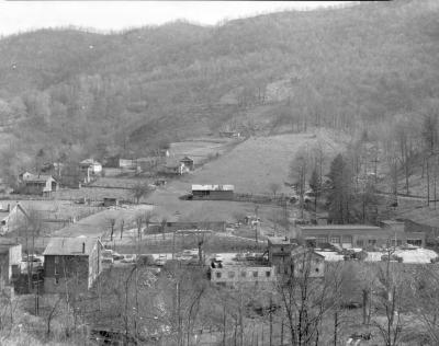 View of mountain town from hill