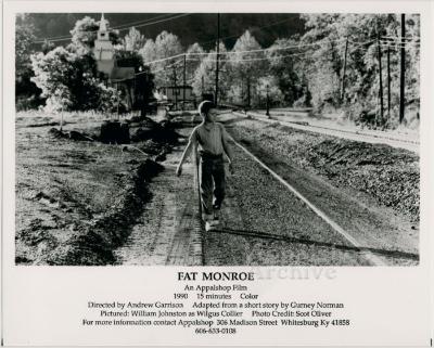 Promotional still with credits for the film Fat Monroe