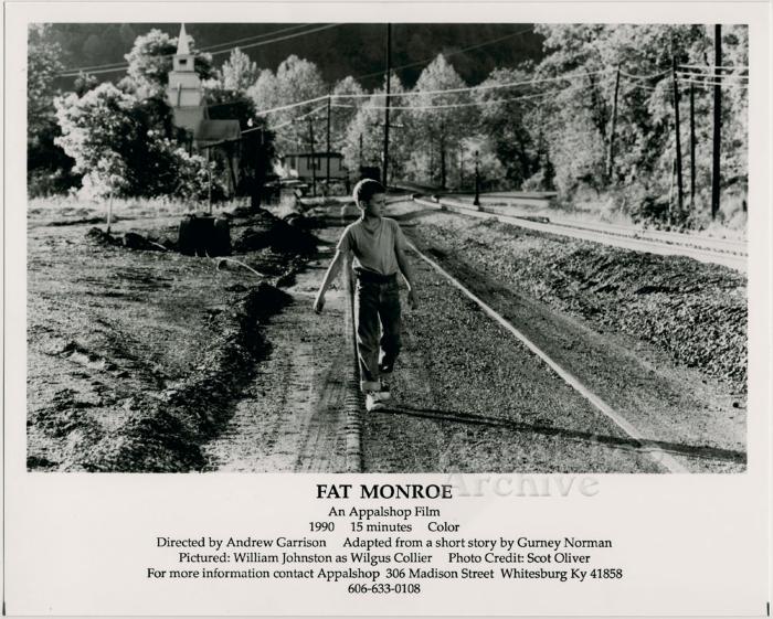 Promotional still with credits for the film Fat Monroe