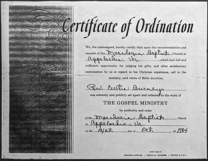 Certificate of Ordination for Macedonia Baptist Church