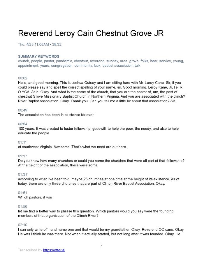 Reverend Leroy Cain interview transcription