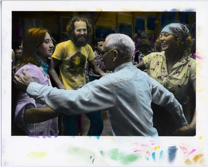 Group of people square dancing; colored b/w image