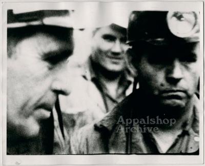 Film still of miners in hats, exterior - UMWA 1970: A House Divided