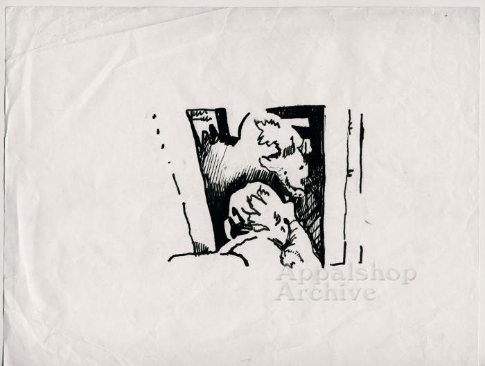 Production artwork, sketch of hog and back of man's head [Woodrow Cornett] - Woodrow Cornett: Letcher Co. Butcher