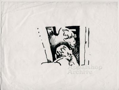 Production artwork, sketch of hog and back of man's head [Woodrow Cornett] - Woodrow Cornett: Letcher Co. Butcher