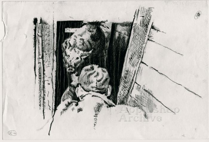 Production artwork, sketch of hog and back of man's head [Woodrow Cornett] - Woodrow Cornett: Letcher Co. Butcher